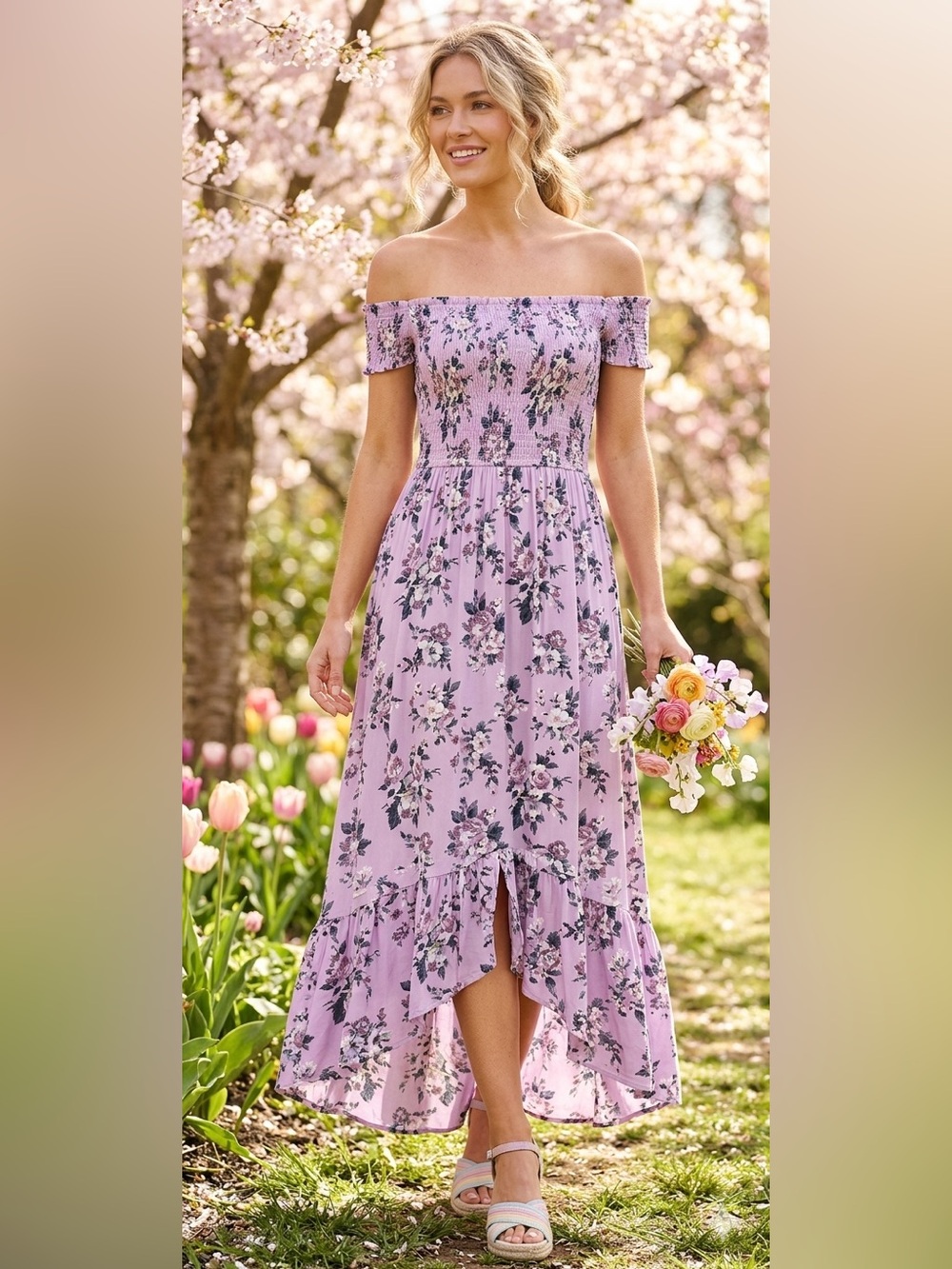 Hot Kiss Lavender Floral Print Smocked Off Shoulder High-Low Maxi Dress (L)